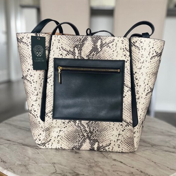 NWT Rare Vince Camuto Pebbled Leather Snakeskin Colorblock Tote - Picture 1 of 9